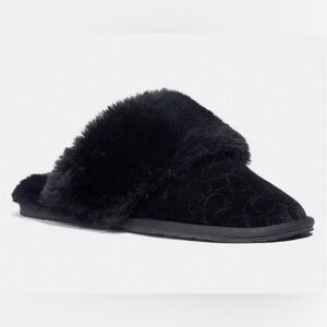 Coach Women’s Size 10 Zuri Slippers Black Faux Fur Signature Logo NWOB New